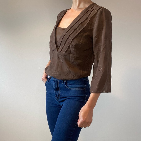Bohemian Brown Embroidered Chiffon 3/4 Sleeve Top - Picture 11 of 14